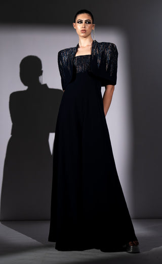 Navy blue meteor embroidered jumpsuit with cape