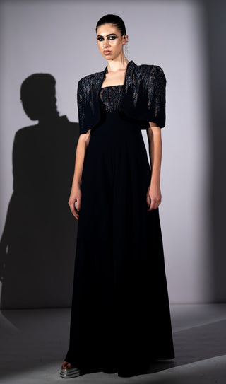Navy blue meteor embroidered jumpsuit with cape