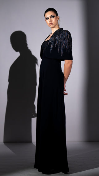 Navy blue meteor embroidered jumpsuit with cape