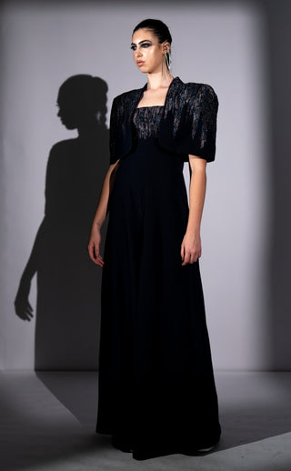 Navy blue meteor embroidered jumpsuit with cape