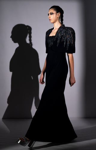 Navy blue meteor embroidered jumpsuit with cape