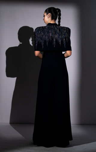 Navy blue meteor embroidered jumpsuit with cape