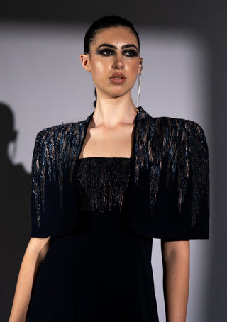 Navy blue meteor embroidered jumpsuit with cape