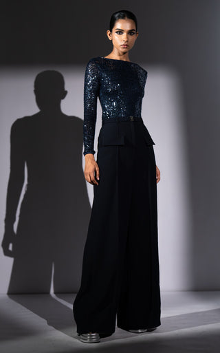 Navy blue sheeted bodysuit and pants