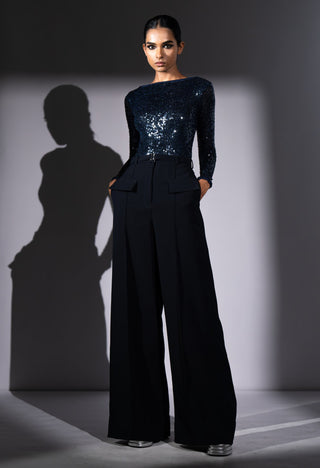 Navy blue sheeted bodysuit and pants