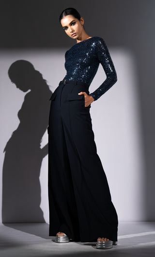 Navy blue sheeted bodysuit and pants