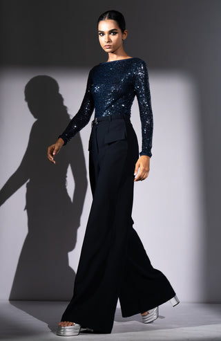 Navy blue sheeted bodysuit and pants