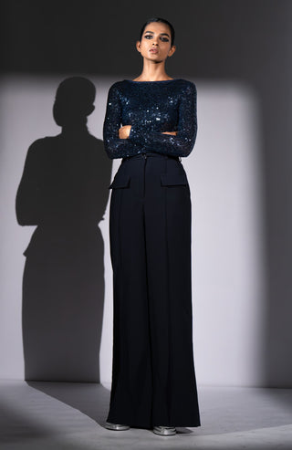 Navy blue sheeted bodysuit and pants