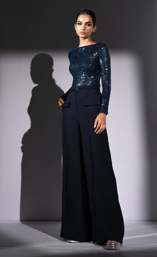 Navy blue sheeted bodysuit and pants