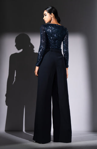 Navy blue sheeted bodysuit and pants