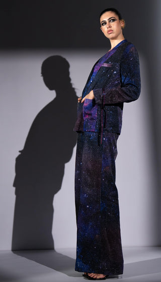 Purple galaxy print pantsuit