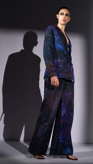 Purple galaxy print pantsuit