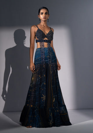 Blue galaxy print pleated flare skirt with bralette
