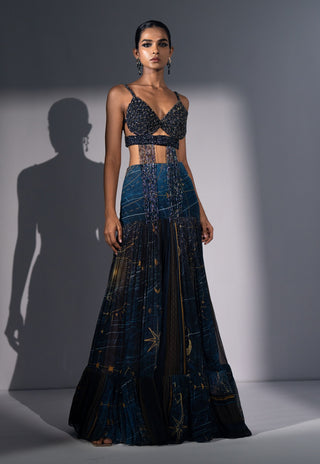 Blue galaxy print pleated flare skirt with bralette