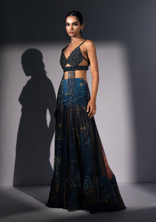 Blue galaxy print pleated flare skirt with bralette