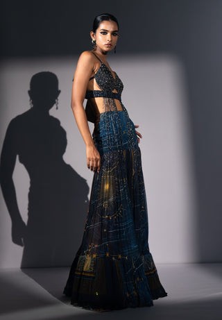 Blue galaxy print pleated flare skirt with bralette