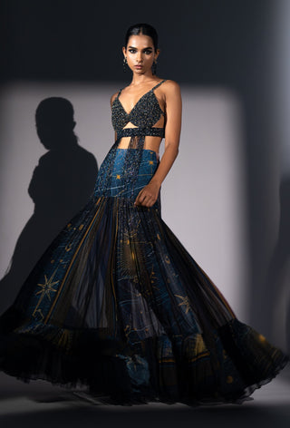 Blue galaxy print pleated flare skirt with bralette