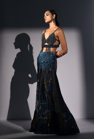 Blue galaxy print pleated flare skirt with bralette