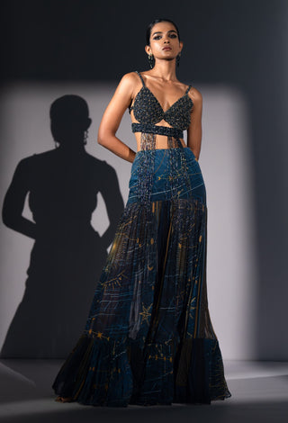 Blue galaxy print pleated flare skirt with bralette