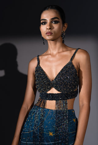 Blue galaxy print pleated flare skirt with bralette