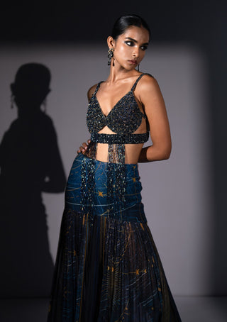 Blue galaxy print pleated flare skirt with bralette