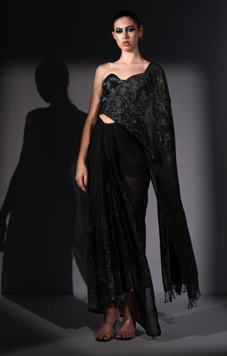 Holographic embroidered corset with drape sari