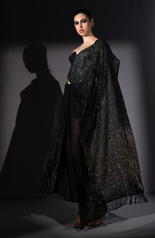 Holographic embroidered corset with drape sari