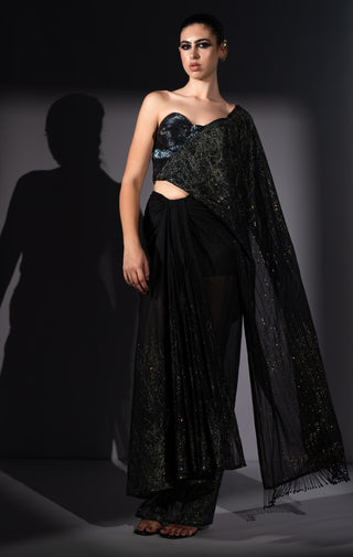 Holographic embroidered corset with drape sari