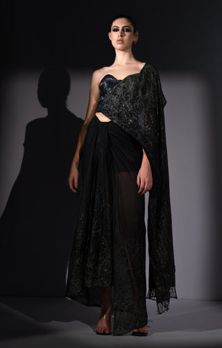 Holographic embroidered corset with drape sari
