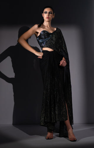 Holographic embroidered corset with drape sari