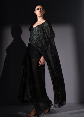Holographic embroidered corset with drape sari