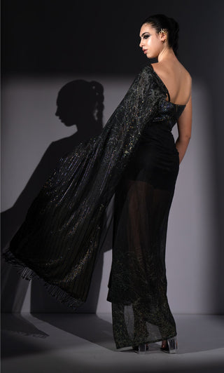 Holographic embroidered corset with drape sari