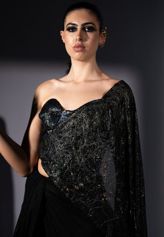 Holographic embroidered corset with drape sari