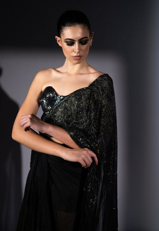 Holographic embroidered corset with drape sari