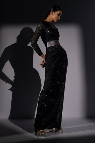 Black galaxy cutout slit dress