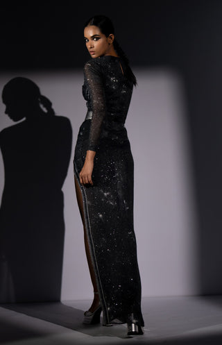 Black galaxy cutout slit dress