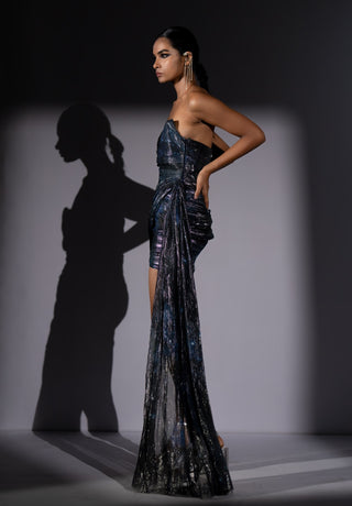 Blue galaxy lurex corset short draped dress