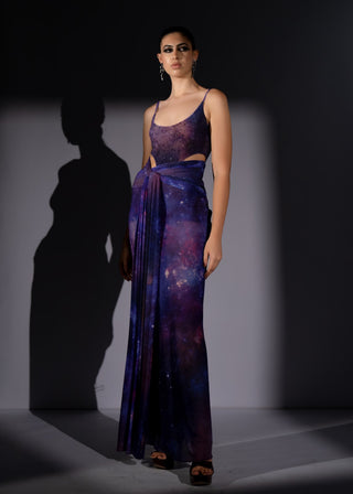 Purple galaxy draped bodycon skirt and bodysuit