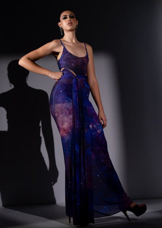Purple galaxy draped bodycon skirt and bodysuit