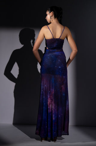 Purple galaxy draped bodycon skirt and bodysuit