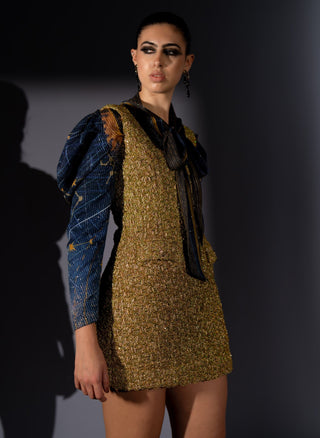 Gold tweed pinafor dress with tie-up blouse