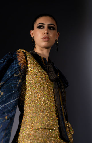 Gold tweed pinafor dress with tie-up blouse