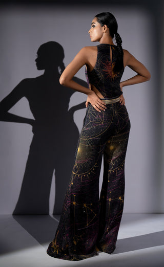 Purple galaxy placement print cutout top with pants