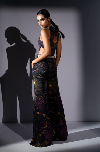 Purple galaxy placement print cutout top with pants