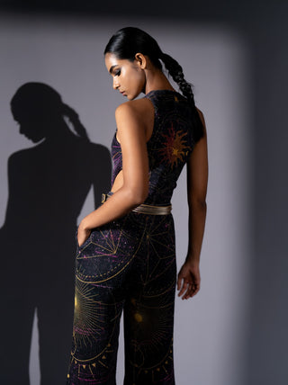 Purple galaxy placement print cutout top with pants