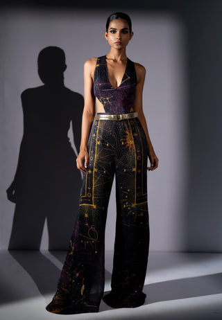 Purple galaxy placement print cutout top with pants