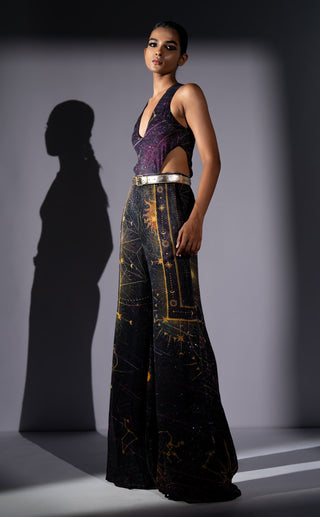 Purple galaxy placement print cutout top with pants