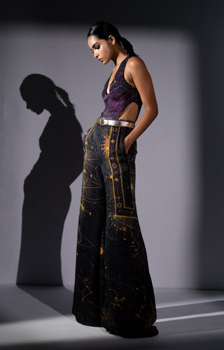 Purple galaxy placement print cutout top with pants