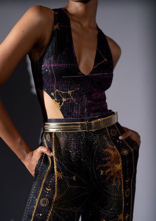 Purple galaxy placement print cutout top with pants