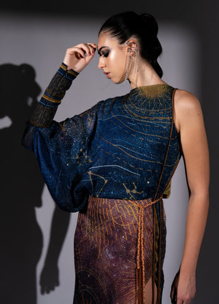 Blue galaxy placement print one shoulder dress